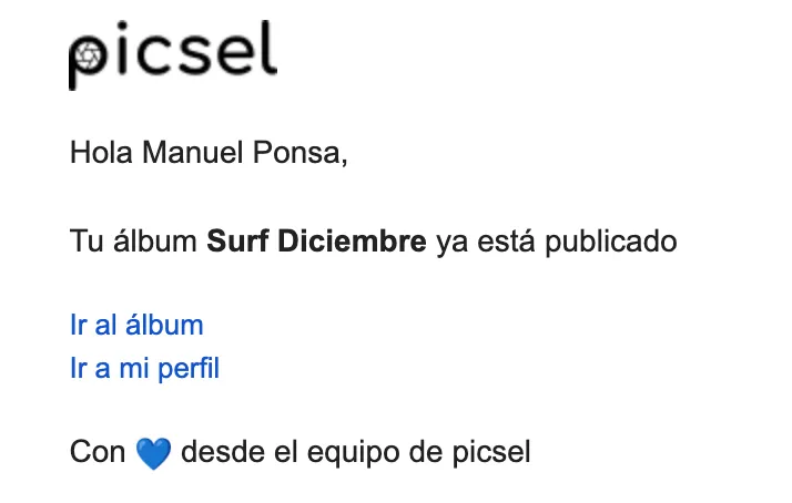 Mail de aviso para recordarte que tu álbum ya se procesó correctamente.